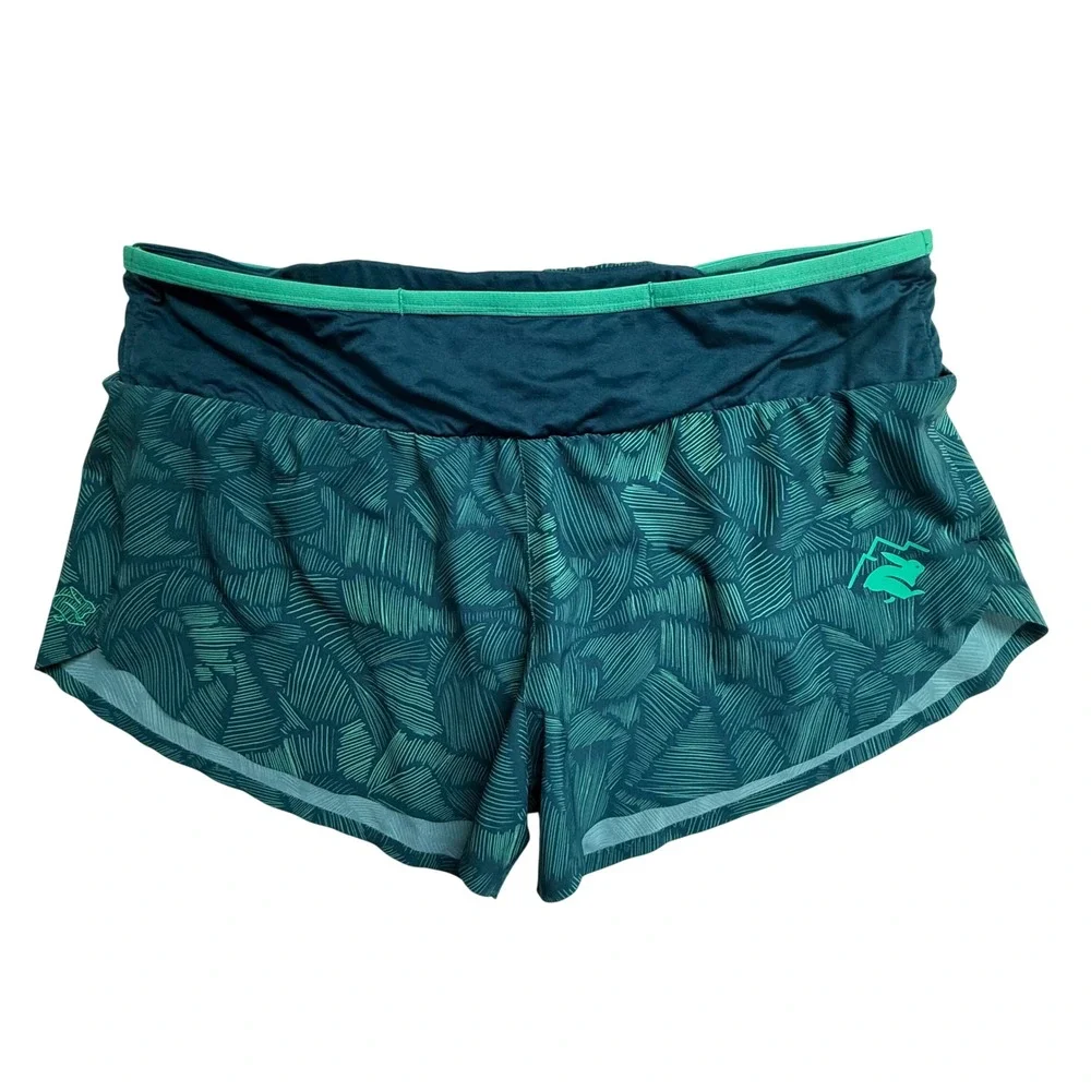 Rabbit RW244 Womens XL Running Shorts Tropical Print Lined Zip Pocket Teal